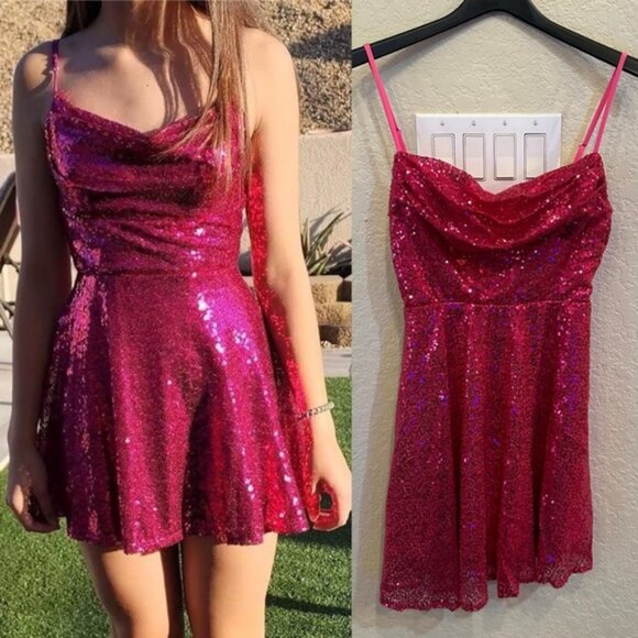 NEW Jaeden Small Sparkling Barbie Pink Sequin Formal Homecoming Sweetheart Dress - Picture 1 of 7